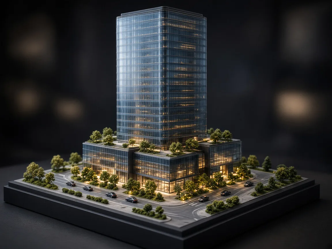 Commercial office tower scale model with tinted acrylic curtain wall and street context