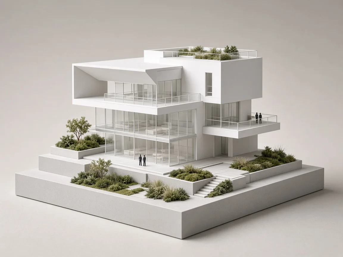 White modern villa scale model with acrylic glazing, terraces and planting