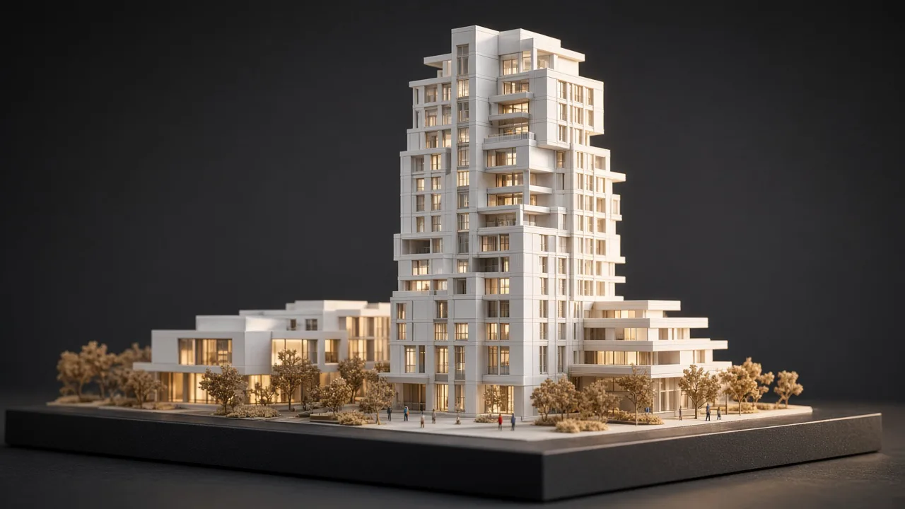 White architectural scale model of a residential tower with warm interior lighting and scale trees