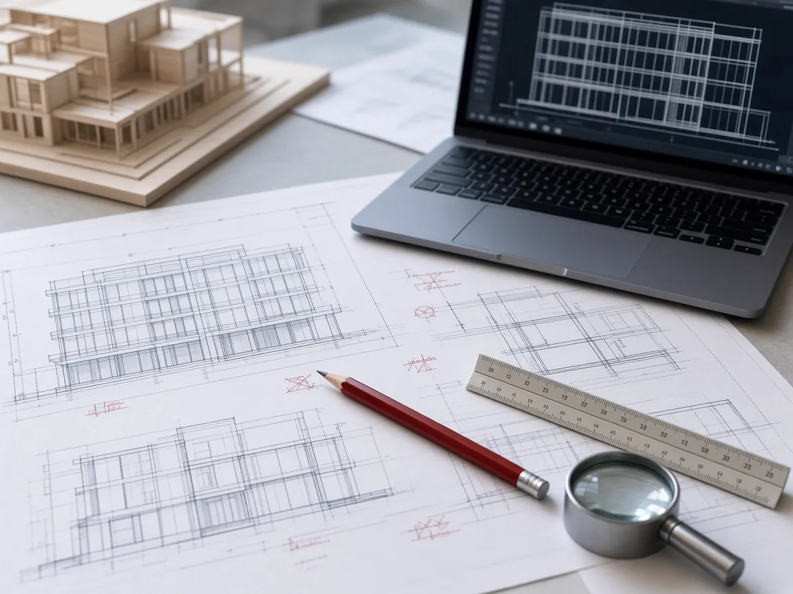 Building elevation drawings with review marks, a scale ruler, magnifier and a laptop showing CAD