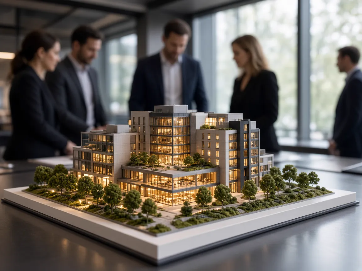 Finished illuminated building model on a boardroom table with professionals reviewing it